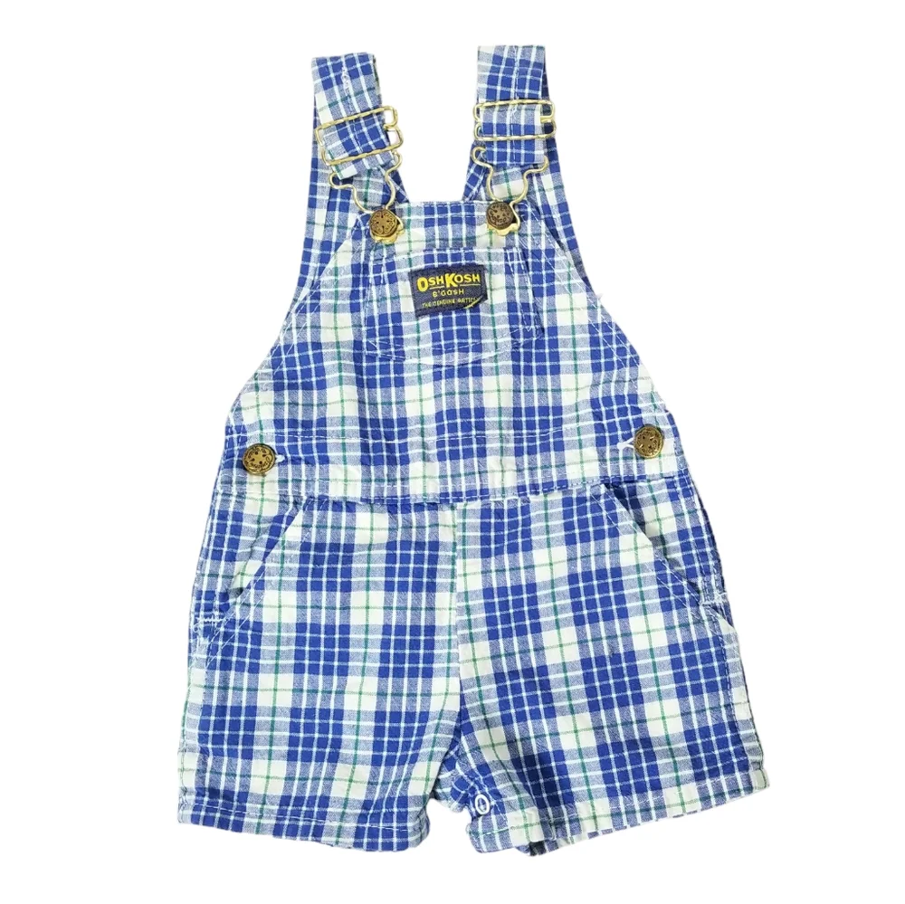 OshKosh B'Gosh Vintage 90's Shortalls Size 12M Blue White Plaid Vestbak USA